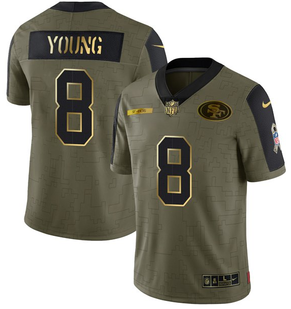 Men's San Francisco 49ers #8 Steve Young 2021 Olive Camo Salute To Service Golden Limited Stitched Jersey Men's San Francisco 49ers #8 Steve Young 2021 Olive Camo Salute To Service Golden Limited Stitched Jersey